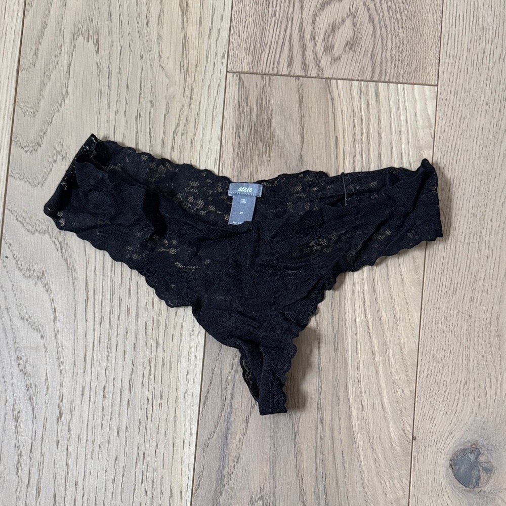AERIE Black Sheer Lace Thong